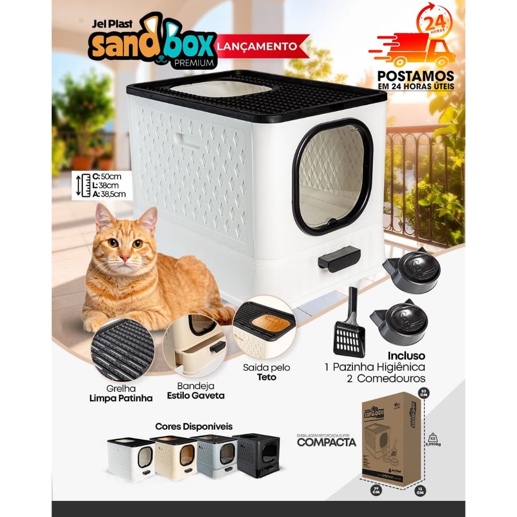 Caixa de Areia Premium para Gatos Grandes Banheiro Sanitário Pet Quadrada Resistente Jel Plast