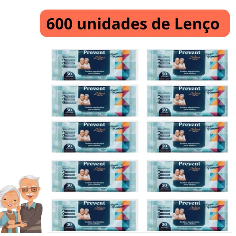 Caixa com 600 lenços Umedecido com 12 pacotes  Geriátrica Prevent 50un