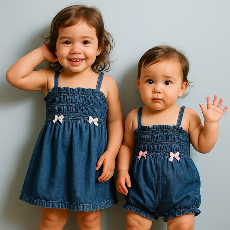 MACACÃO VESTIDO JEANS BEBÊ E MENINA DE 4 MESES A 3 ANOS