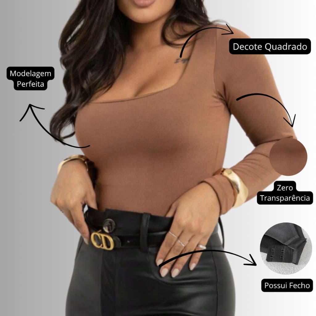 Body Decote Quadrado Manga Longa Feminin Segunda Pele Blusa Frio Collant