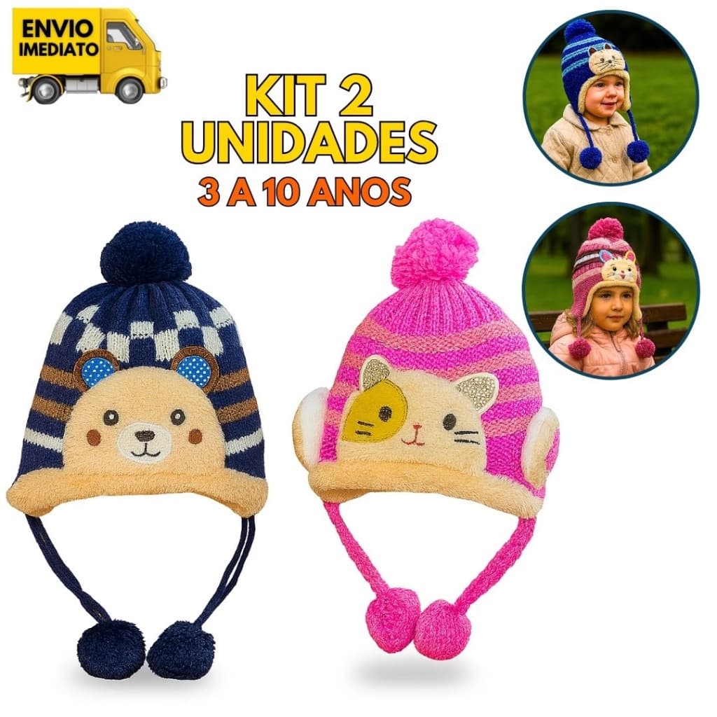 Touca Infantil de Lã Com Pompom Para Inverno Para Menino e Menina Para Crianças Frio Gorro Capuz Com Pelo Camada Grossa