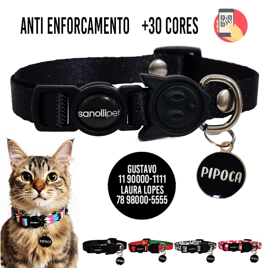 Coleira De Gato Com Sistema Anti Enforcamento Mais Plaquinha Com Nome E Telefone Reforçada Estampas