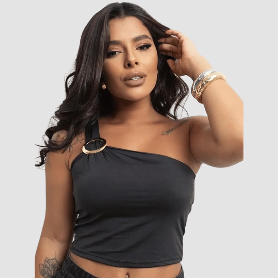 Blusa Feminina Um Ombro Argola Assimetrica Prateada Suplex Elegante Mula Manca