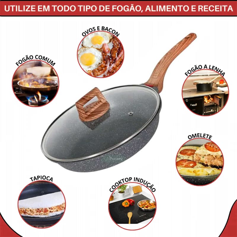 Frigideira de Granito com Tampa Vidro – Antiaderente, Revestimento Seguro e Fácil de Limpar