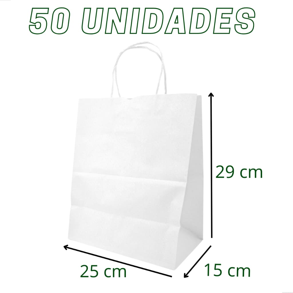 Sacola Papel Kraft Delivery Branca Com Alça 25x15x29 Cm (50 Un)