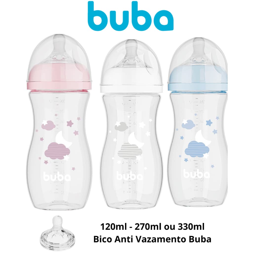 Mamadeira Bebe Buba com bico Silicone Ultrasoft Anti Colica e Vazamento - Rosa, Branco ou Azul