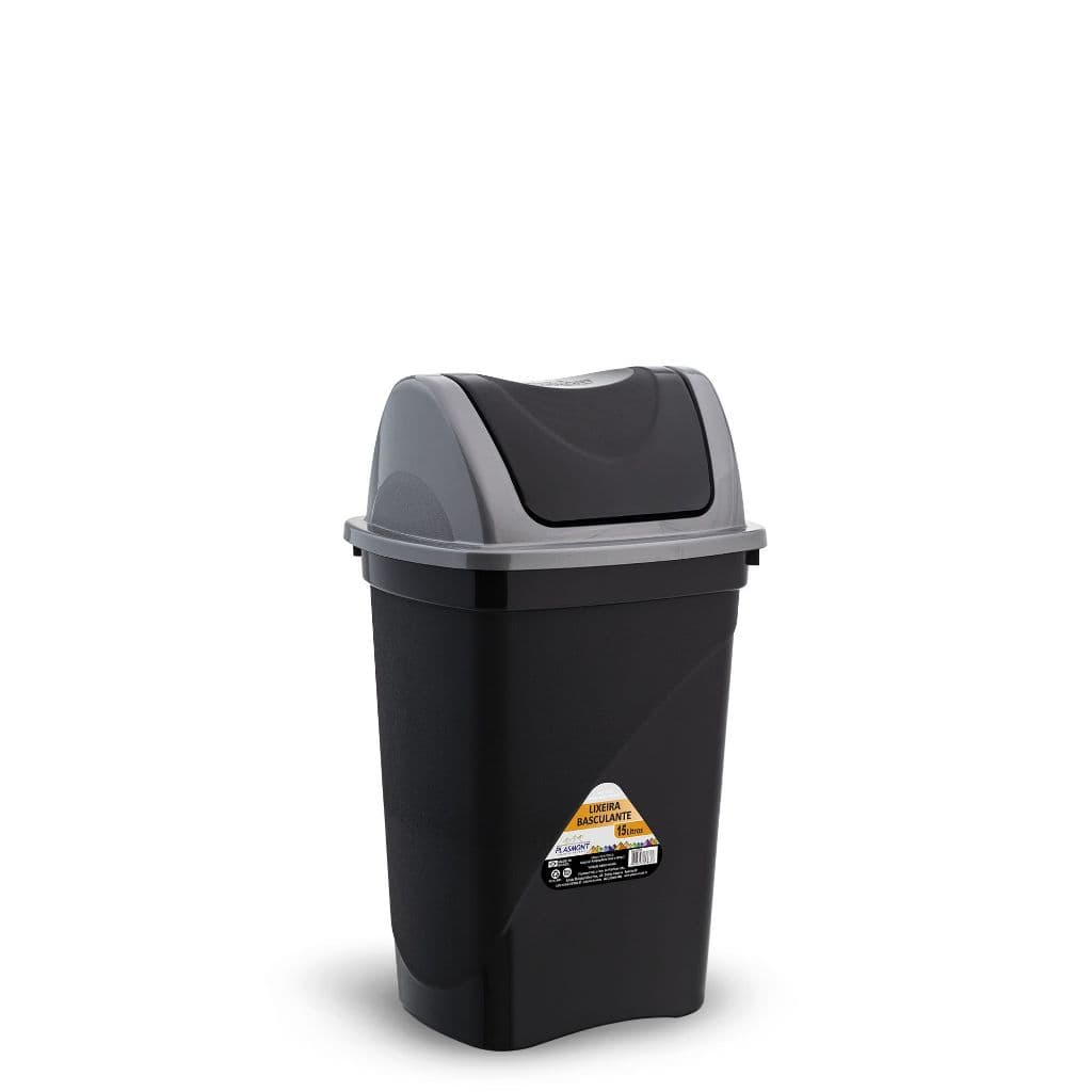 Lixeira Basculante 15L Preta Tampa Cinza Plástico Resistente p/ Cozinha Banheiro Casa