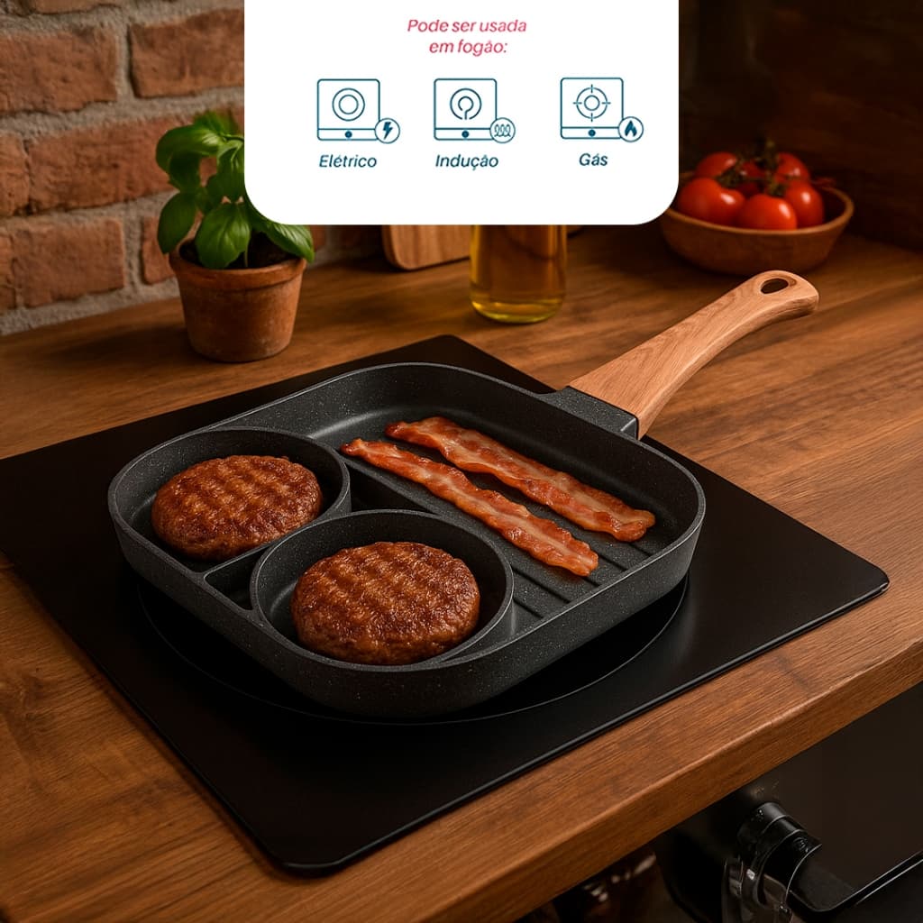 Frigideira Antiaderente Indução Chapa 3 Em 1 Ovo Hambúrguer