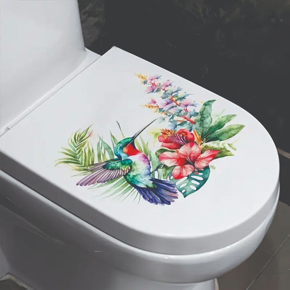 Autocolantes de Parede com Flores Pintadas e Borboletas para Embelezamento de Banheiro beija flor