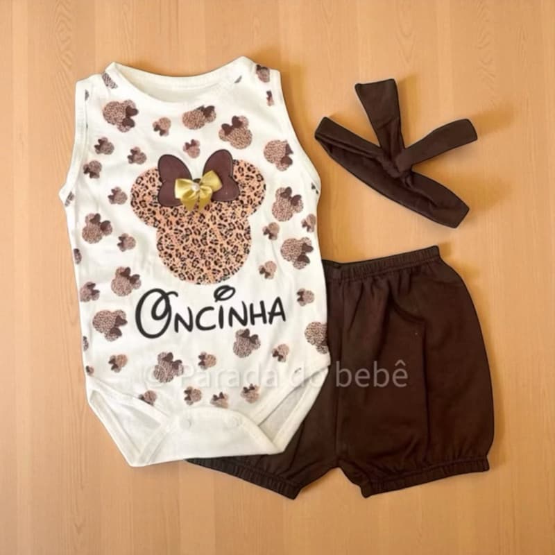 Conjunto para bebê Minnie oncinha Faixa de bebê Kit 3 peças com faixa de cabelo