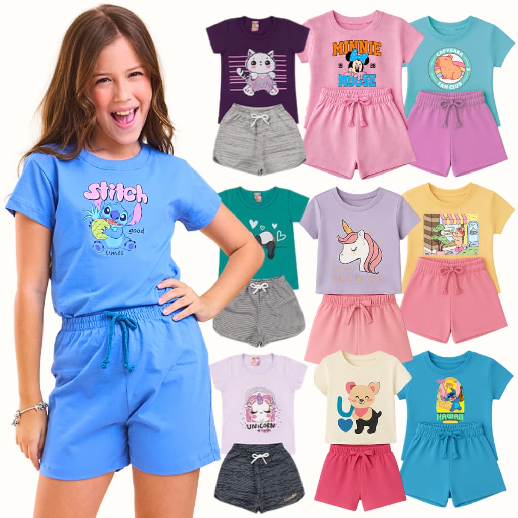 Kit Sortido 6 Peças Roupa Infantil Menina Camiseta Short Conjunto Infantil menina Verão Feminino