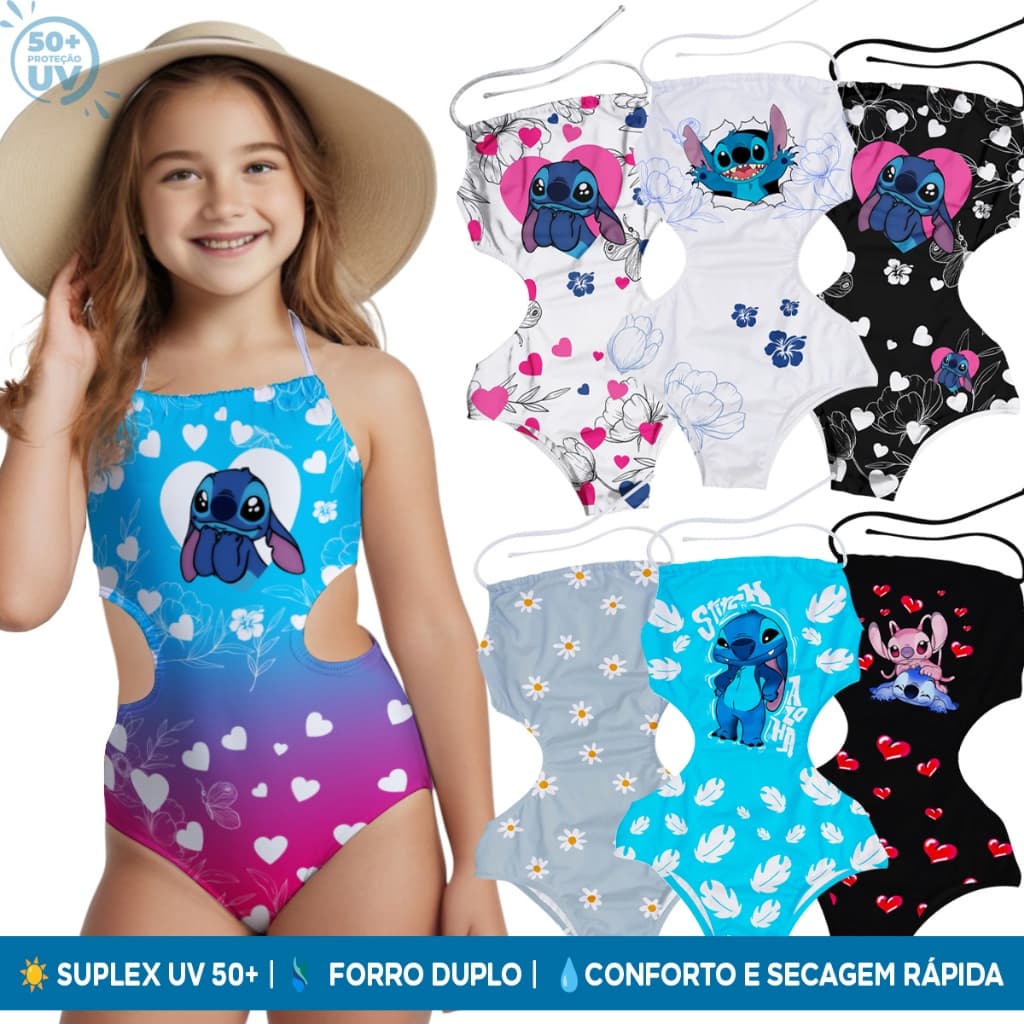 Maiô Infantil Stitch Floral Mais Vendidas Body Forrado Estampado UV50+ Proteção Solar Praia Natação