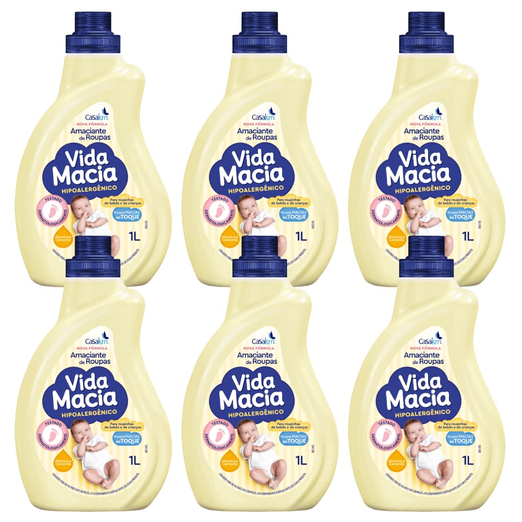 KIT 06 UN. Amaciante Vida Macia Hipoalergênico Glicerina & Camomila 1 Litro Roupinha Bebê Criancas