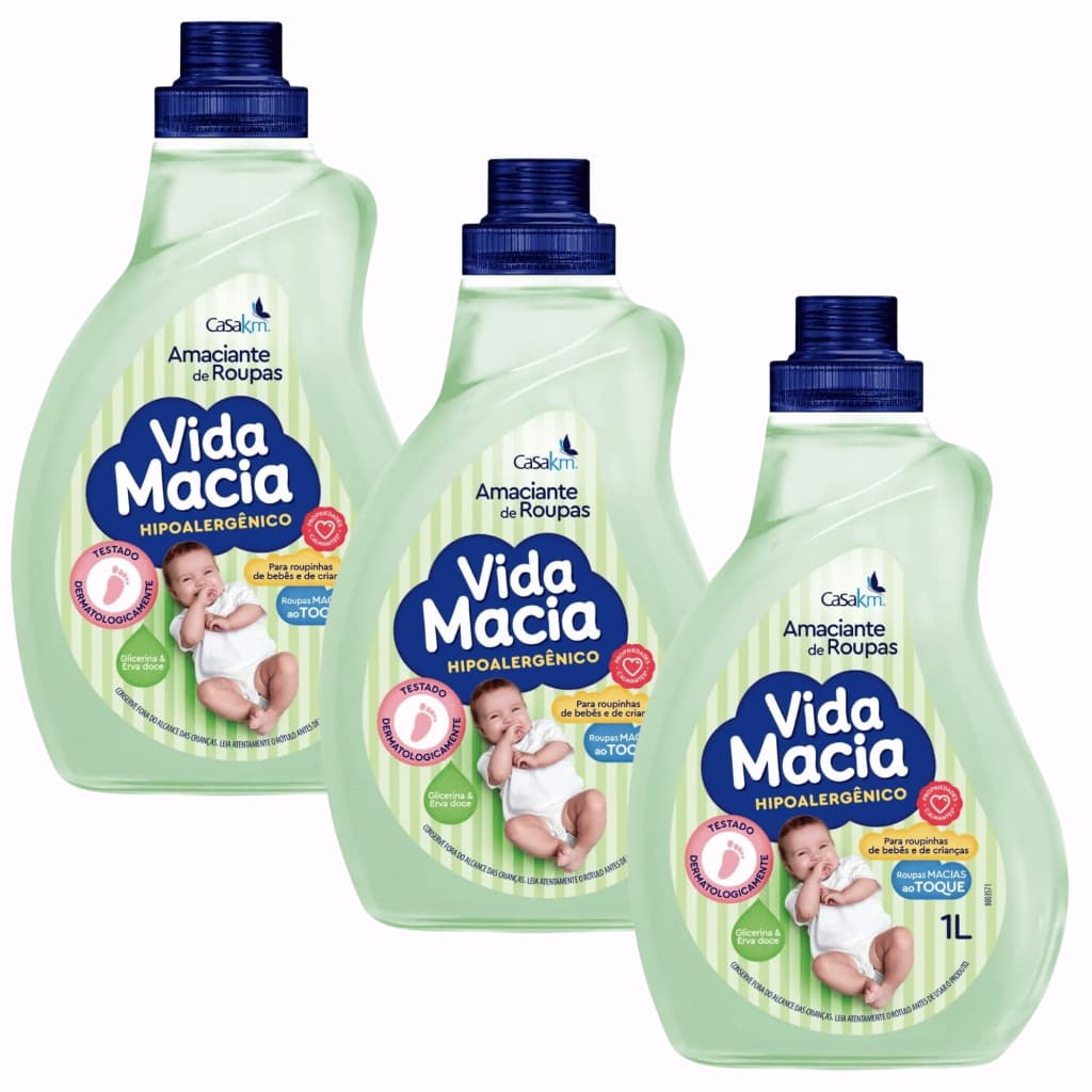KIT 03 UN. Amaciante Vida Macia Hipoalergênico Glicerina & Erva Doce 1 Litro Roupinha Bebê Criancas