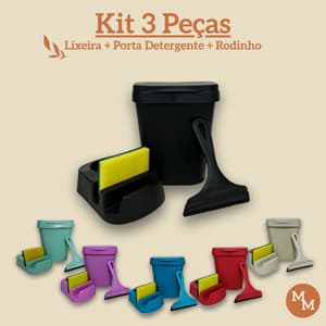 Kit Pia 3 Peças – Lixeira 4,8L, Suporte Esponja e Rodo de Pia | Cozinha Organizada e Prática