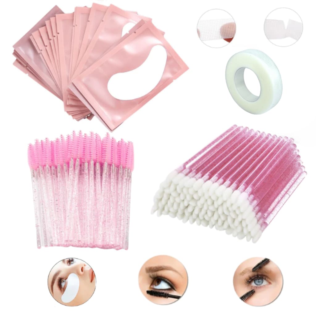 Kit Alongamento De Cílios - 100 Pads + 50 Escovinhas + 50 Aplicadores + Fita Transpore