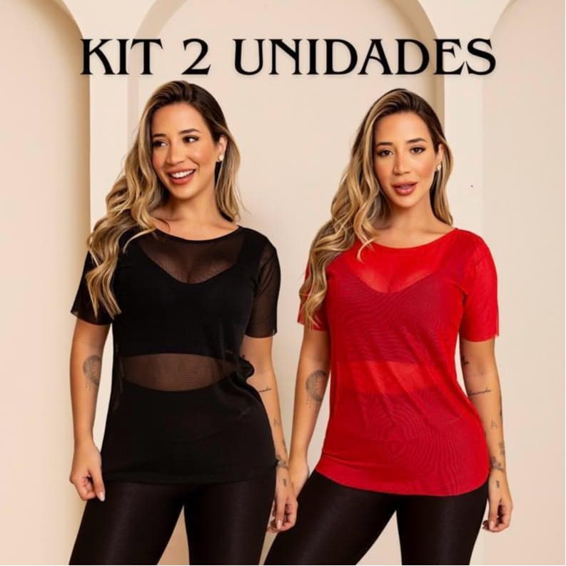 Kit 2 Blusas Feminina Transparente De Tule Manga Curta Camiseta Academia Treino Fitness Musculação