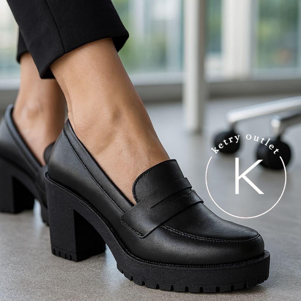 Sapato Mocassim Salto Médio Tratorado Slip On Casual