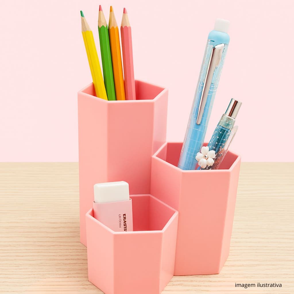 Organizador Hexagono Porta Treco Caneta Lápis de Mesa Escritório Escolar Multiuso Plástico