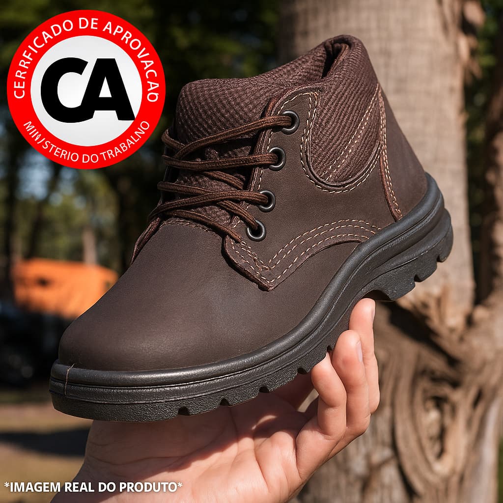 Bota de Segurança Masculina CA Couro Nobuck Marrom com Biqueira PVC e Sola Tratorada Antiderrapante