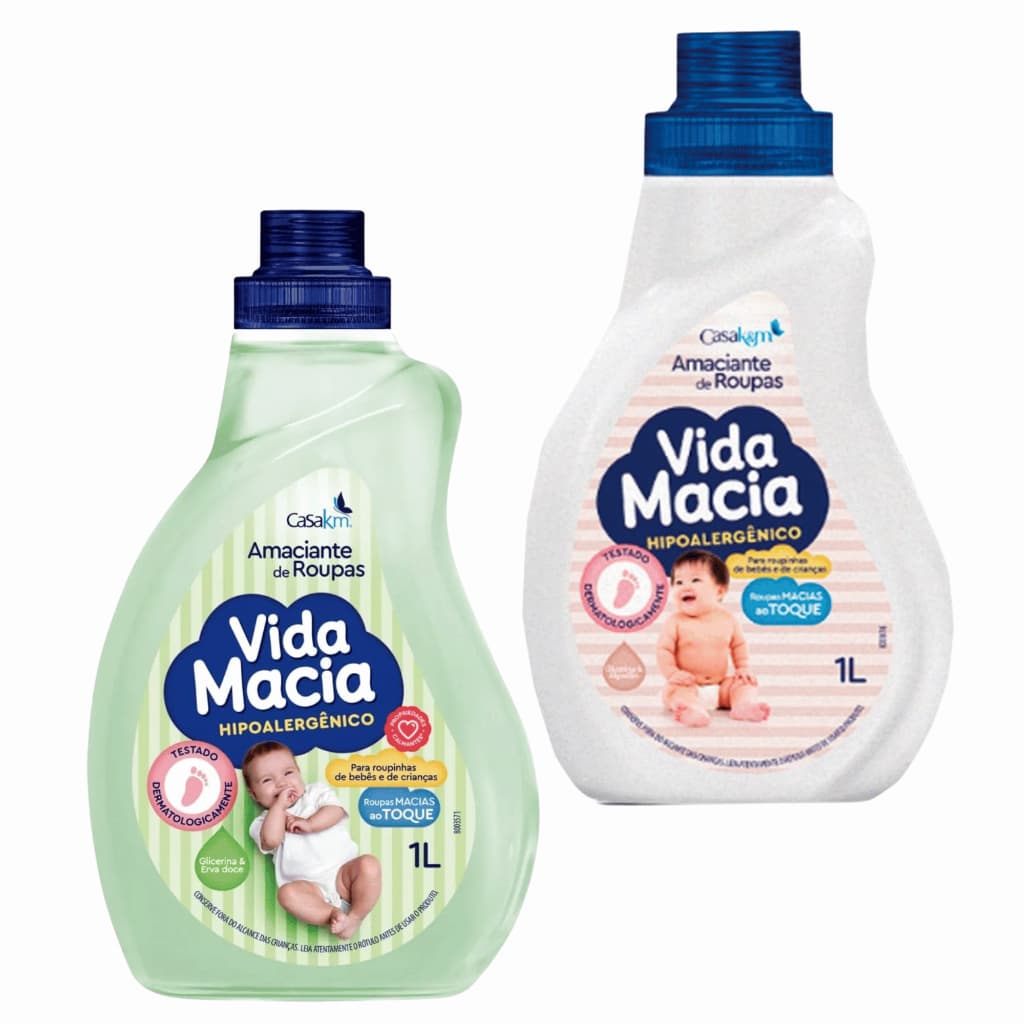Amaciante Vida Macia KIT 02 Fragrâncias Algodão e Erva Doce 1 Litro Roupinha Bebê Criancas Roupas