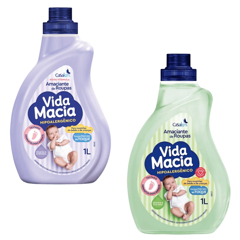 Amaciante Vida Macia KIT 02 Fragrâncias Amêndoas e Erva Doce 1 Litro Roupinha Bebê Criancas Roupas