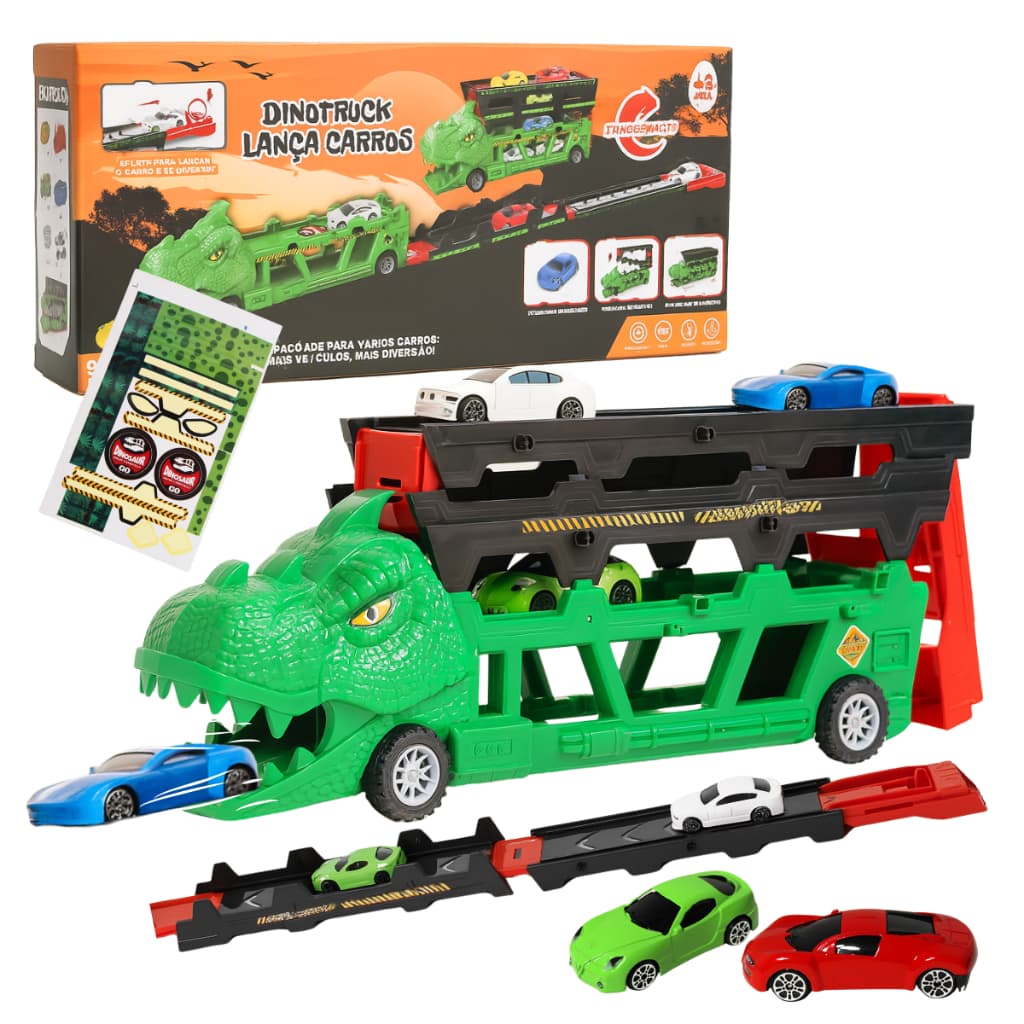 Caminhão Dinossauro Carretinha Leva Carrinho Pista Infantil