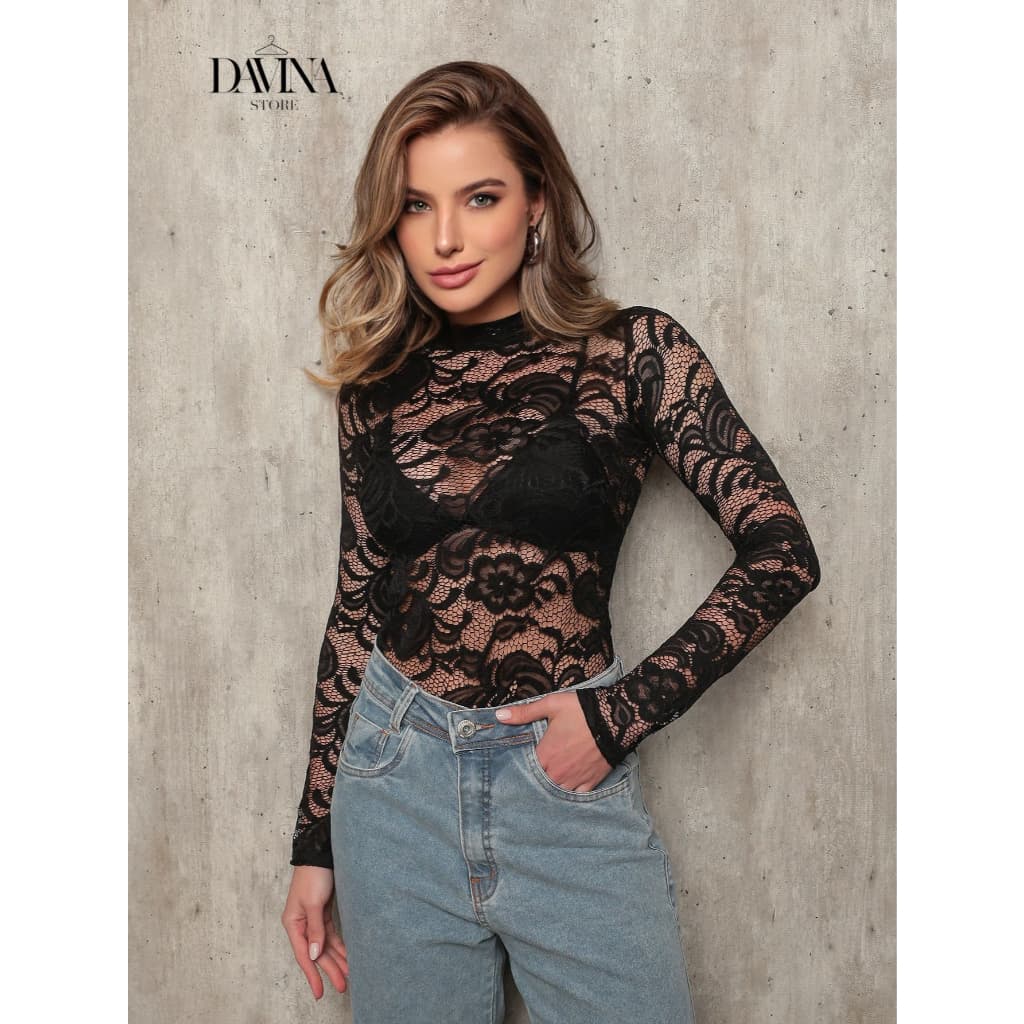 Body Feminino Renda Manga Longa Gola Alta Sexy Elegante Transparente Inverno Festa Mulher