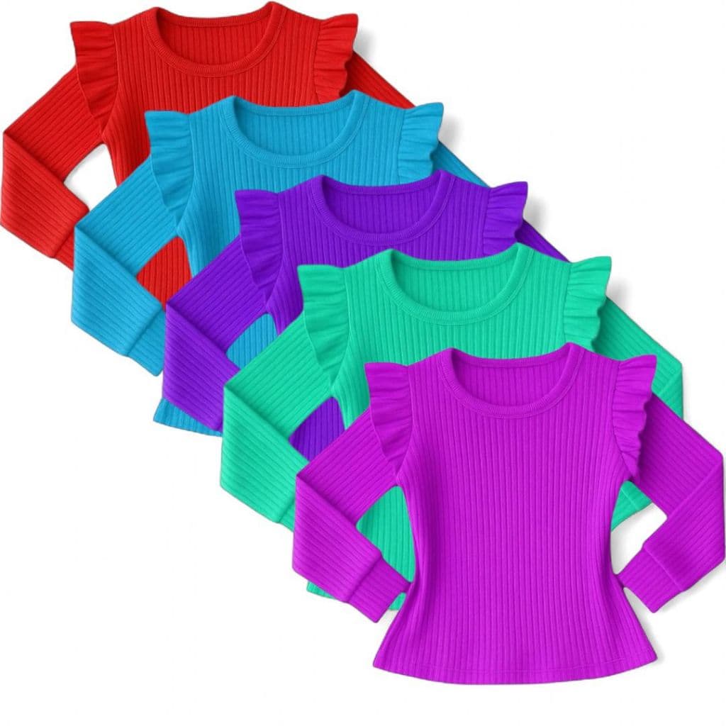 KIT com 3 Blusa Infantil Feminina Manga Longa Canelada com Babado - ENVIO Cores Sortidas