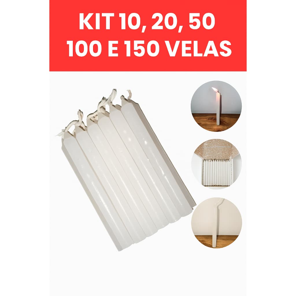 Kit 100 Velas Palito Branca Parafina Pura Queima Prolongada