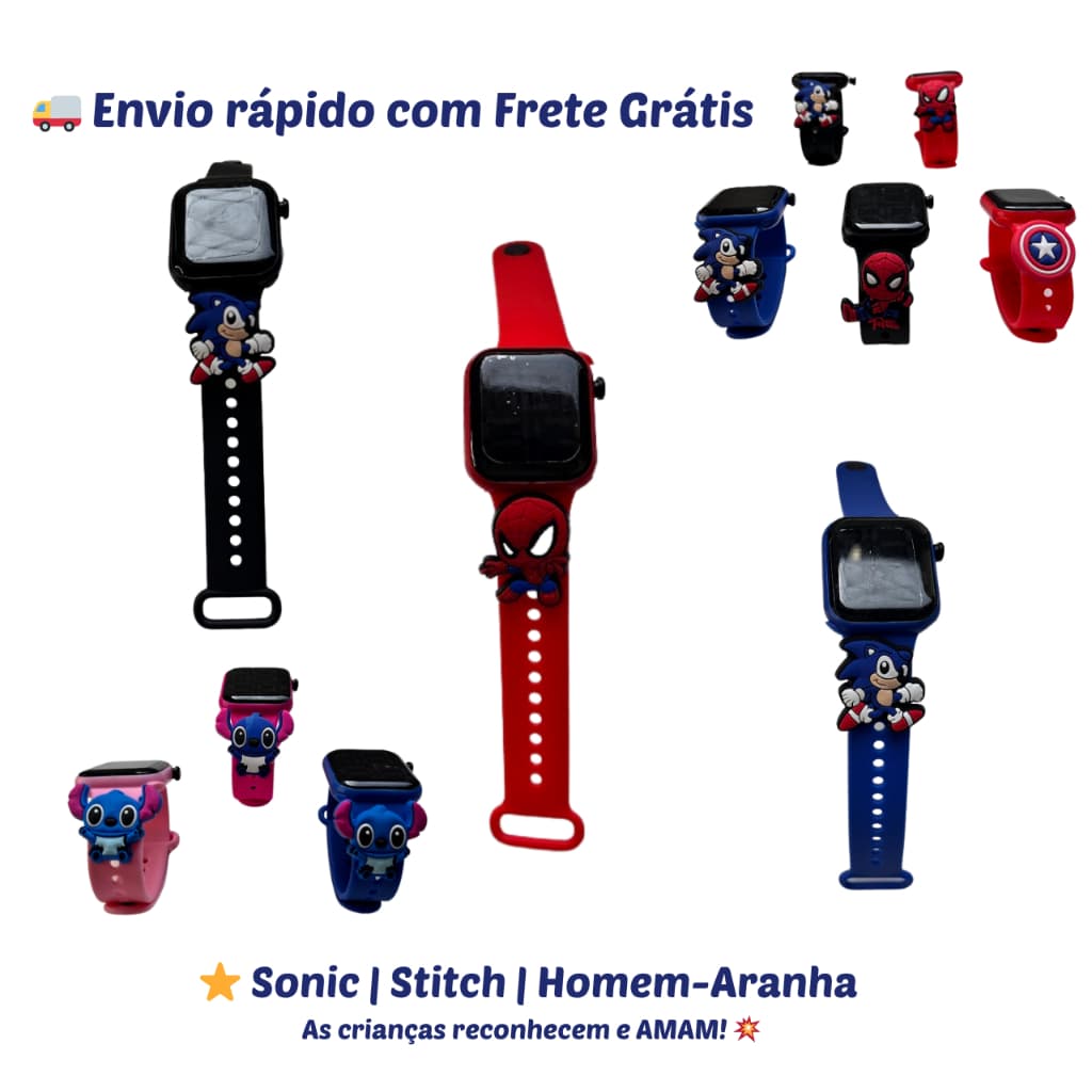 Relógio Infantil Digital Sonic Stitch Homem Aranha Menino Menina Led