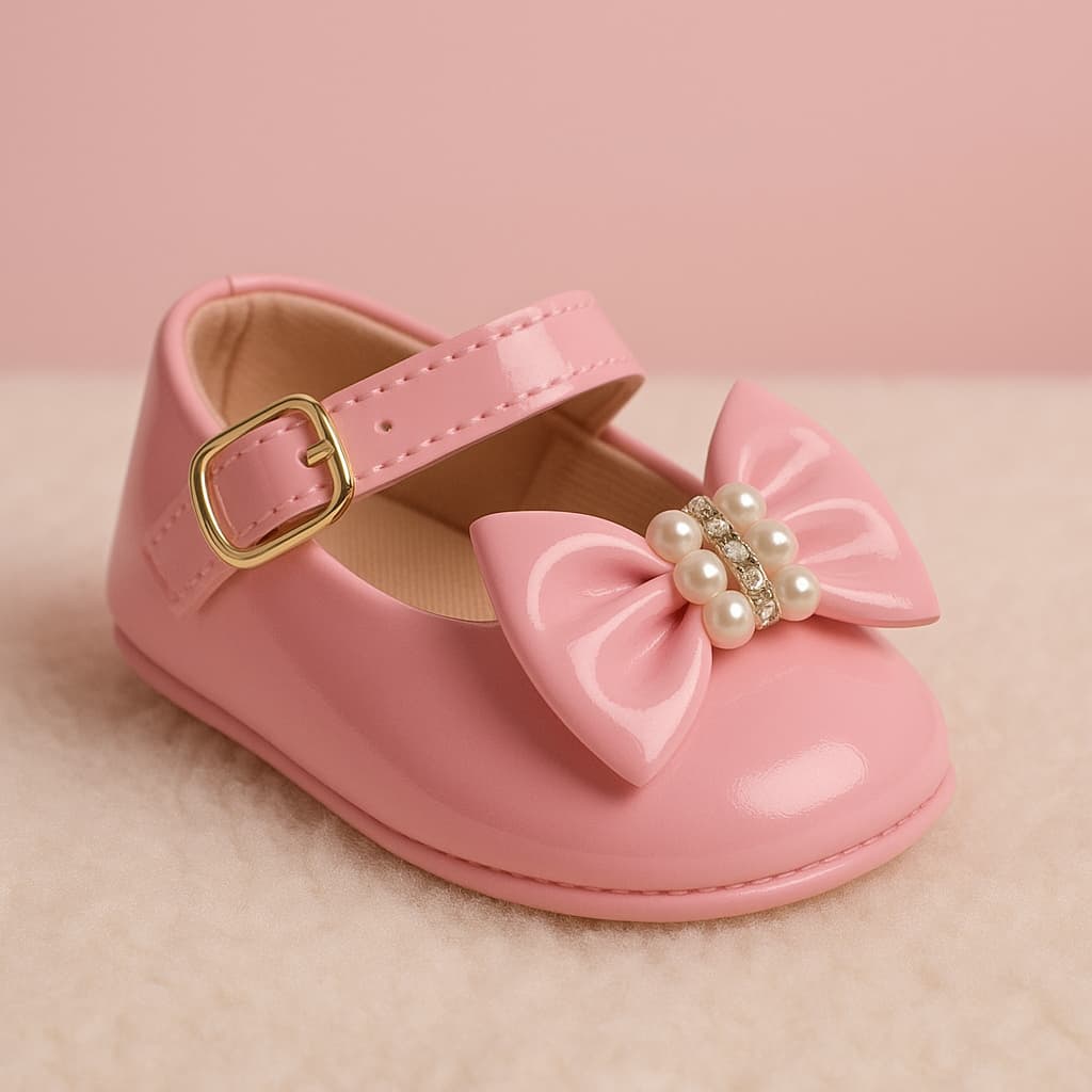 Sapatilha laço pérola, bebê recém nascida menina, batizado, festa. Do 14 ao 19 rosa.