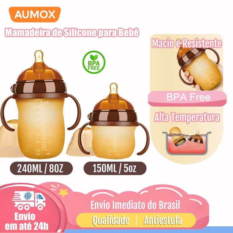 Mamadeira de silicone nano 150/240ml, ideal para desmame de bebês de 0 a 3 anos, com alça