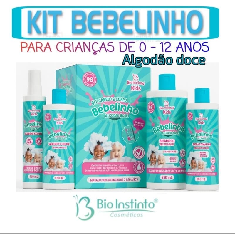 Kit Bebelinho Bio Instinto Kids Algodão Doce – Shampoo, Condicionador, Sabonete e Colônia 0 a 12 Anos