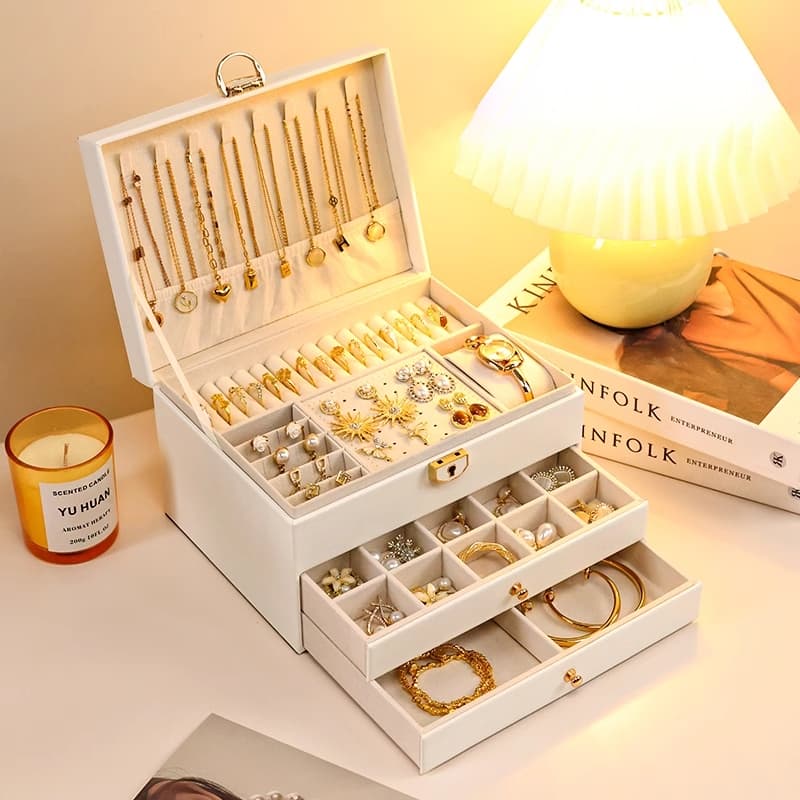 Caixa Organizadora de Joias com Divisórias com Chave Grande Portátil Luxuoso Porta Joias Q19