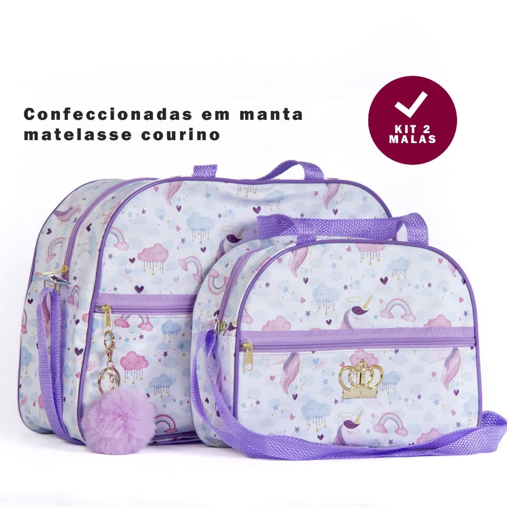 Conjunto C/ 2 Mala Maternidade Saída Hospital Reforçada Para Menino Ou Menina Estampa Unicornio Com POMPOM