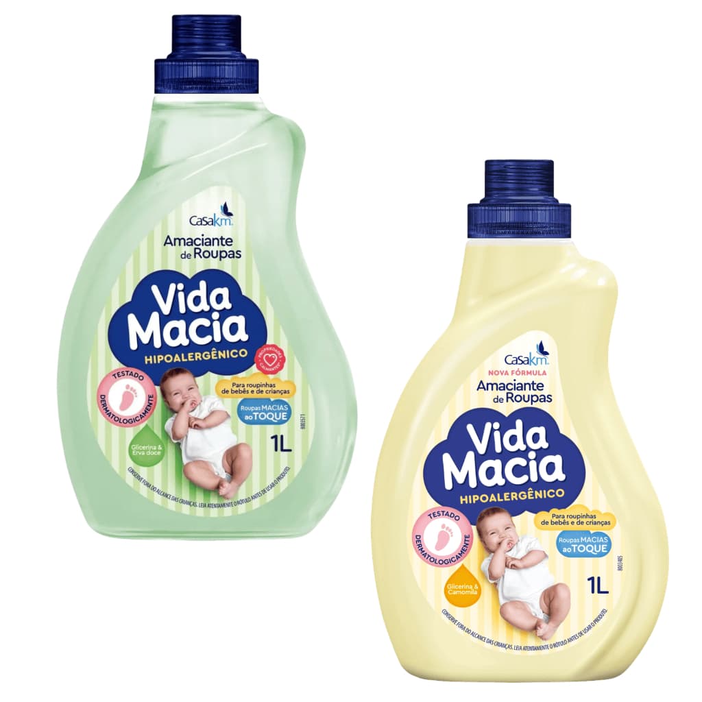 Amaciante Vida Macia KIT 02 Fragrâncias Camomila e Erva Doce 1 Litro Roupinha Bebê Criancas Roupas