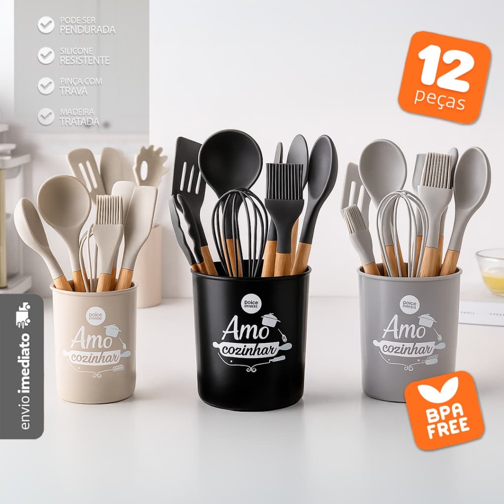 Jogo 12 Peças Utensílios Silicone Cabo Madeira Fouet Pegador - Bhz Store