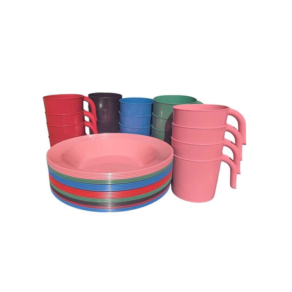 Kit Pratos Fundos Redondos + Canecas Empilhável Reutilizável Lanche Refeições Festas