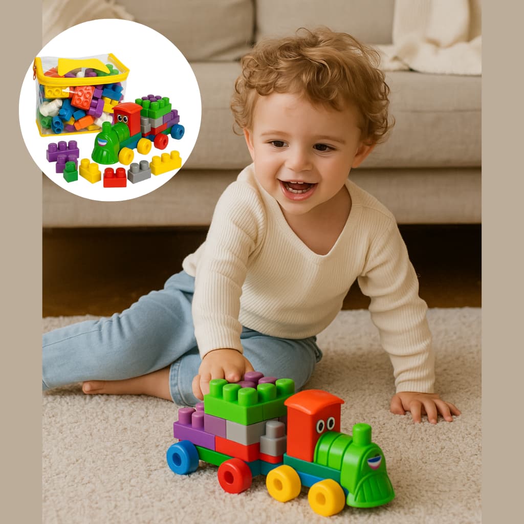 Blocos de Montar Infantil 112 Peças Educativo Didático 2 Trens Brinquedo Criativo Desenvolvimento Cognitivo Encaixe