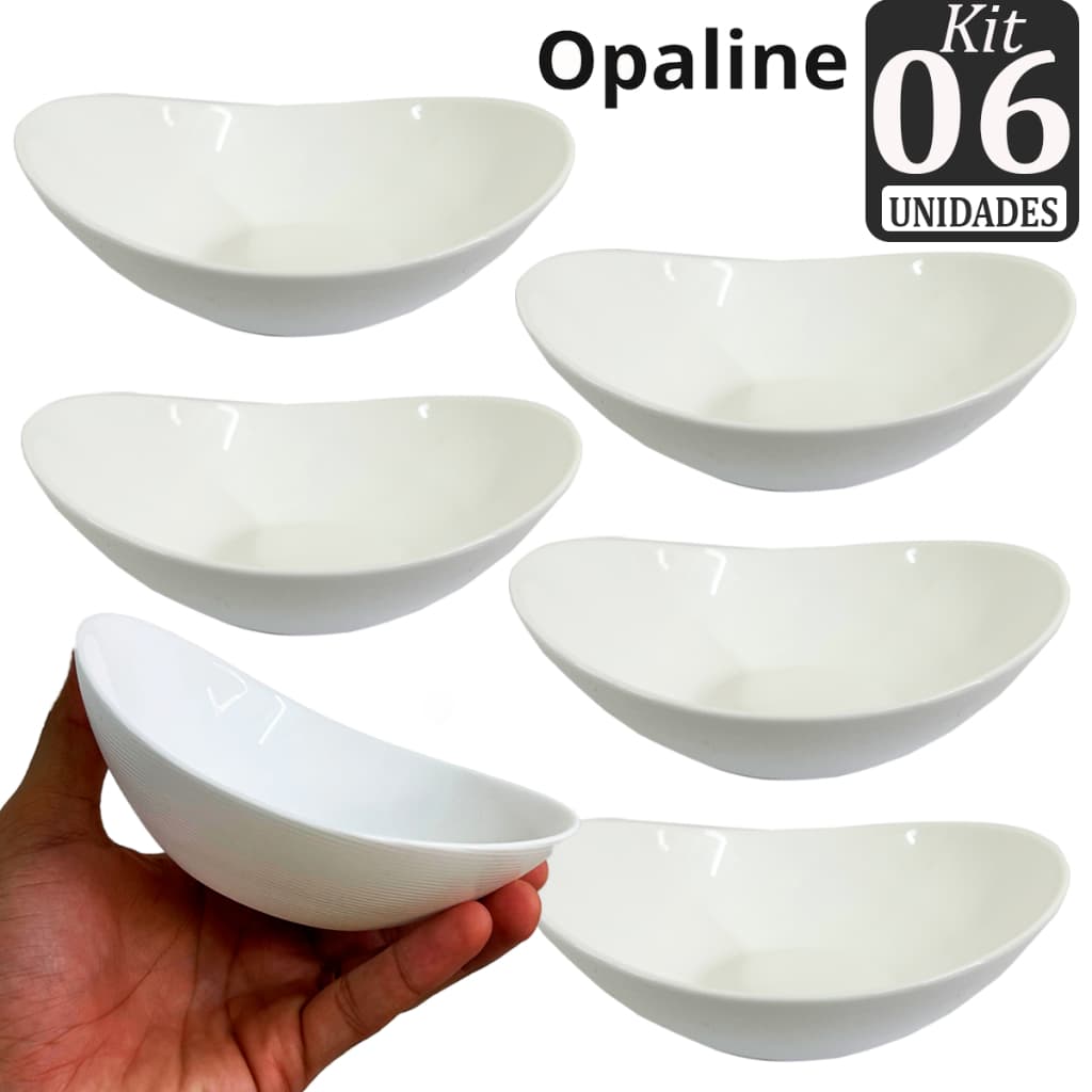 Kit Jogo Tigela Bowl Oval Opaline Vidro 370ml Sobremesa 06 Unidades Brancas Ref 7060