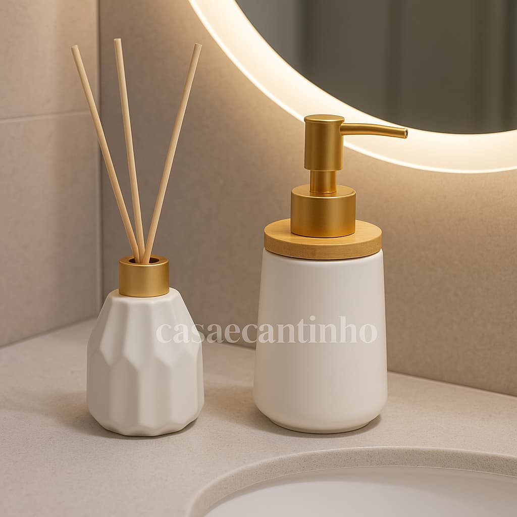 Kit Banheiro Lavabo Porta Sabonete liquido Dispenser e Porta Escova de Dente Cerâmica Decoração