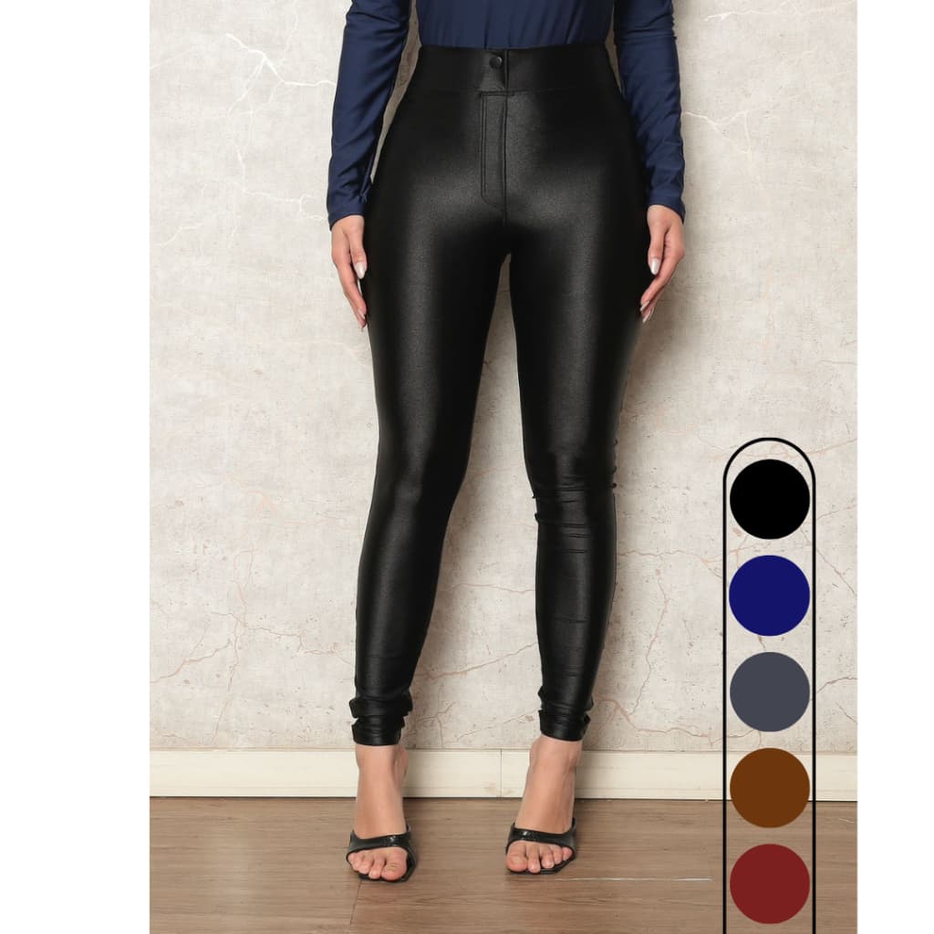 Calça Legging Disco Cirrê Original Poliamida Cintura Alta Bolsos e Botão