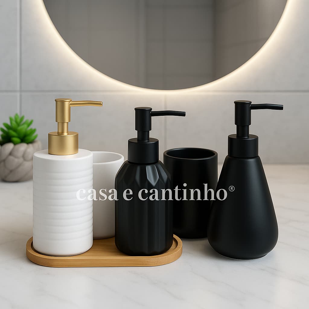 Kit Banheiro Lavabo Porta Sabonete liquido Dispenser e Porta Escova de Dente Cerâmica Decoração