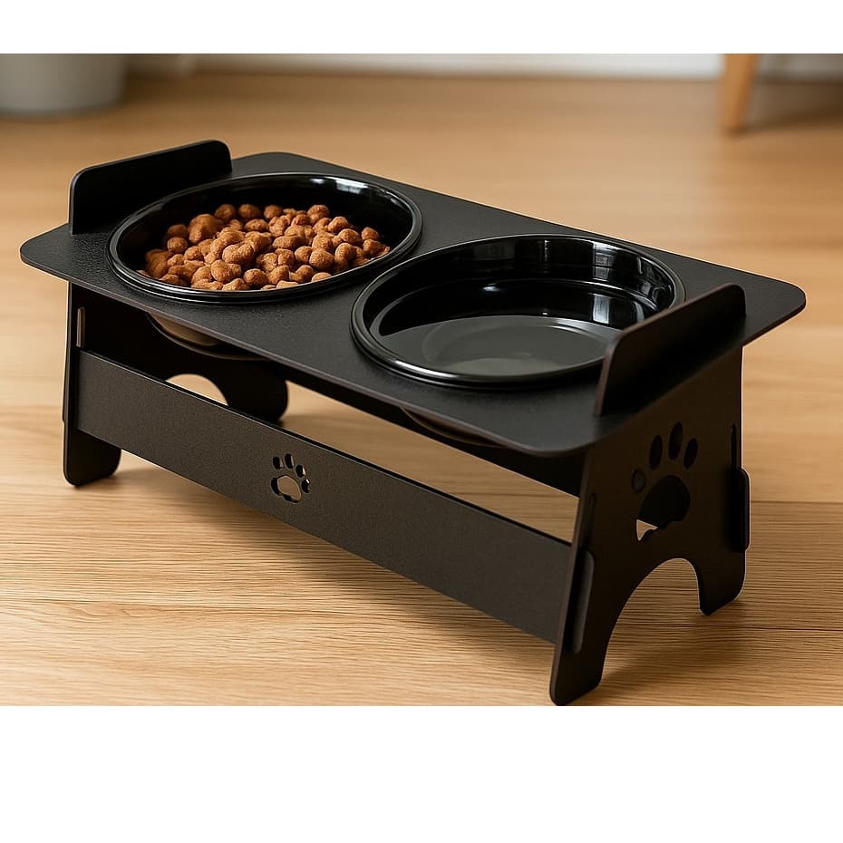 Comedouro Elevado Em MDF Preto Com 2 Tigelas Tendência - Gatos e Cachorros