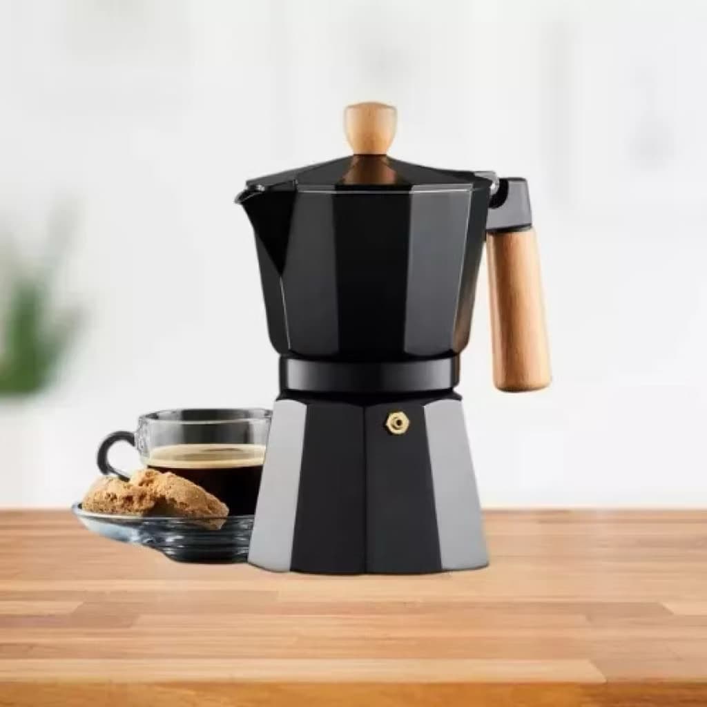 Cafeteira Italiana Moka Octogonal Cabo de Madeira 3/6 xícaras Preta