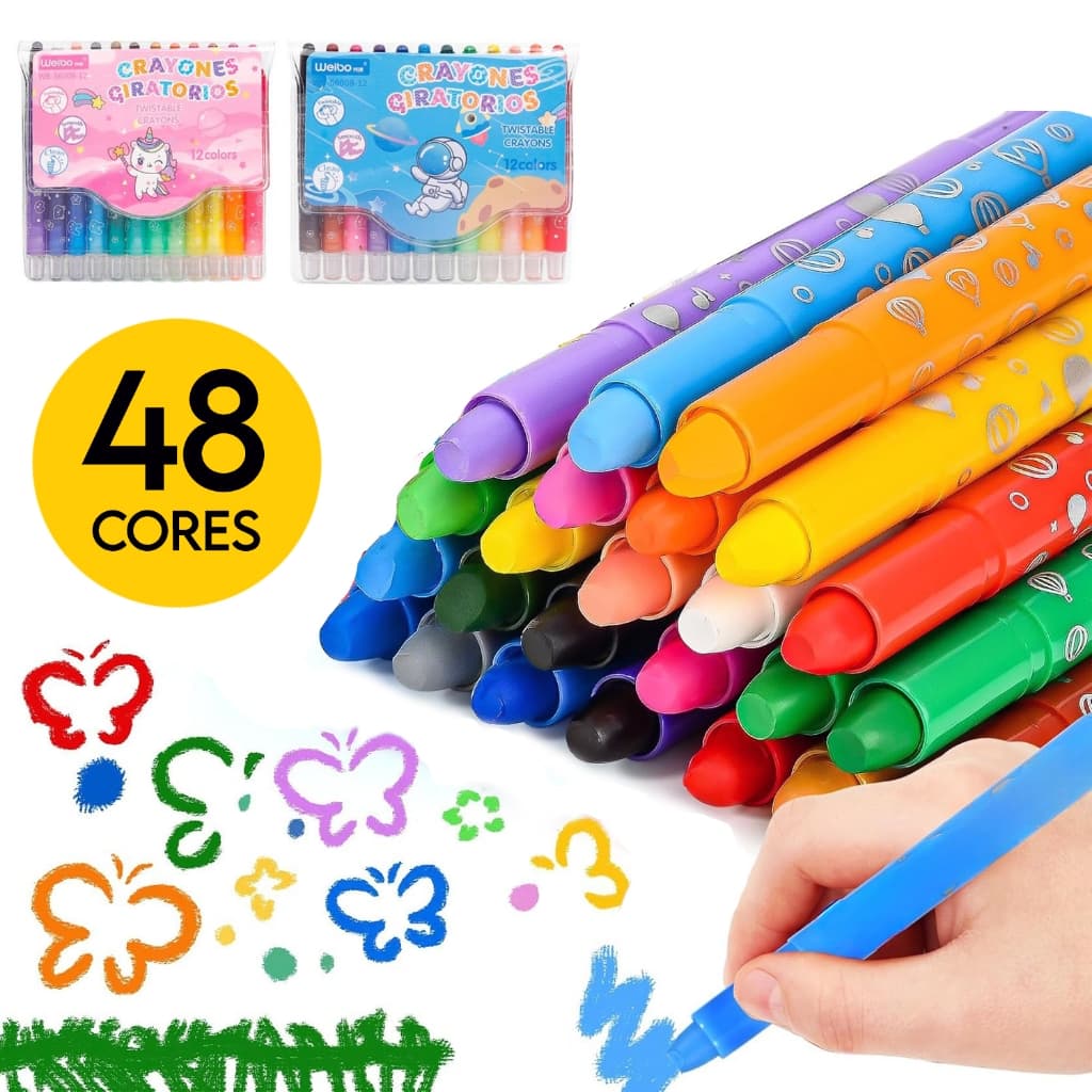 Giz de Cera Estojo Com 48 Cores Macio Retrátil Rotativo Para Crianças Escolar