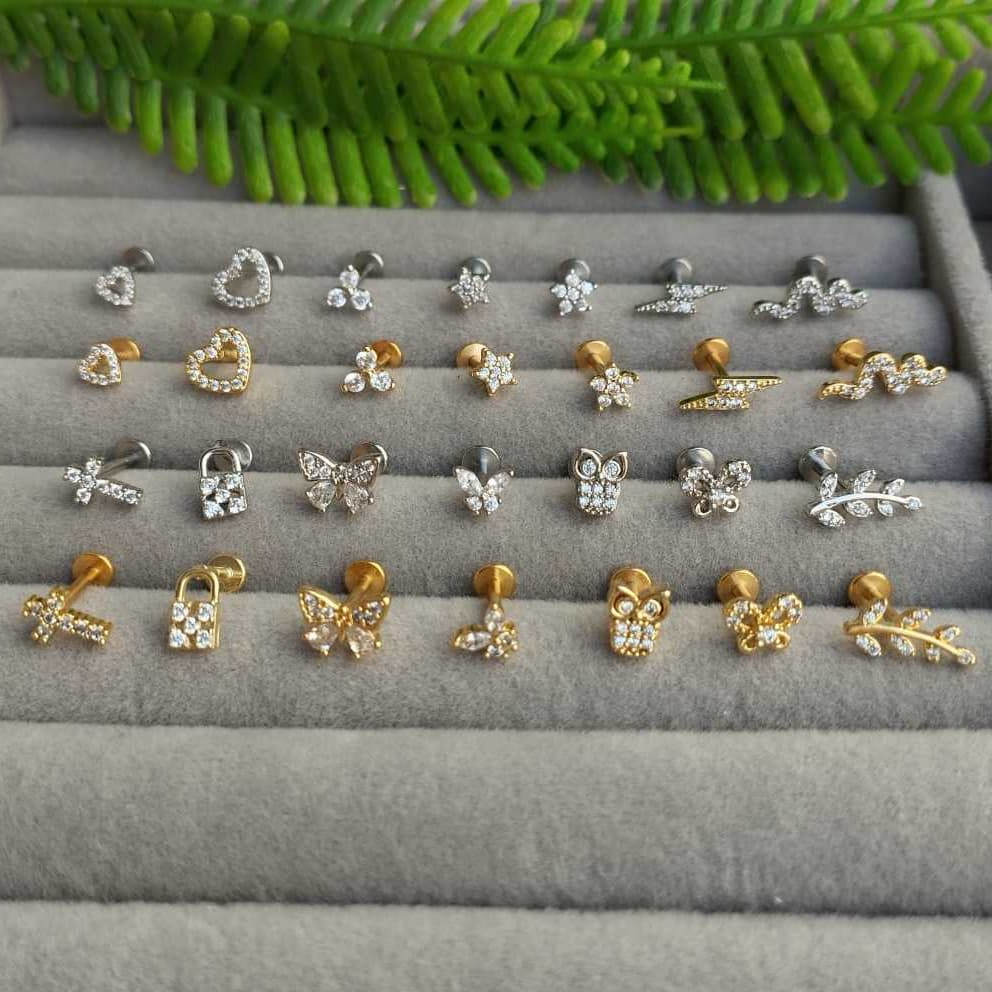 Piercing Aço Folheado Borboleta Coração Folhagem Cruz Raio Tragus Helix Conch Flet Cartilagem Lóbulo