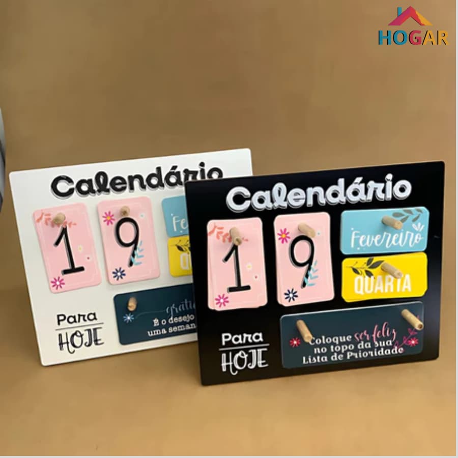 Calendário de Mesa Decorativo de Madeira com Plaquinhas Permanente Escritório Colorido Escolar