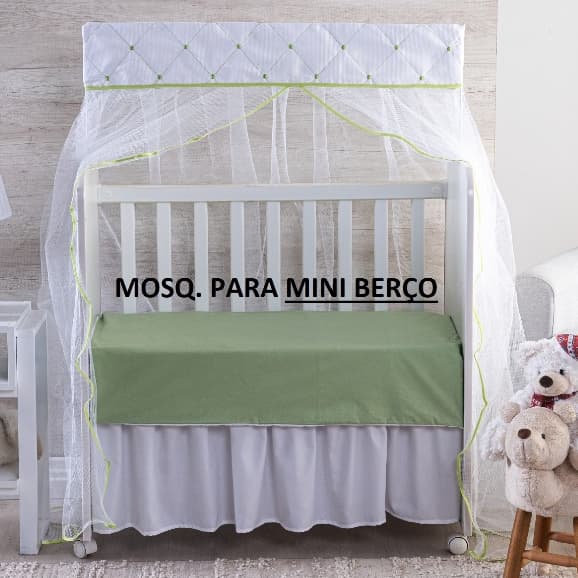 MOSQUITEIRO ( CORTINADO) PARA ***** MINI BERÇO ***** BRANCO BORDADO GOTA VERDE PSITACHE